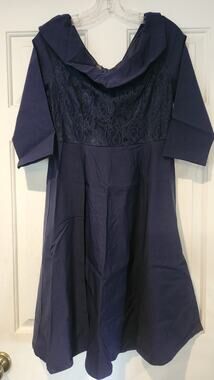 HOMEYEE Navy Blue Lace Off-The-Shoulder NWT Size 8 3/4 Sleeve Fit & Flare #219